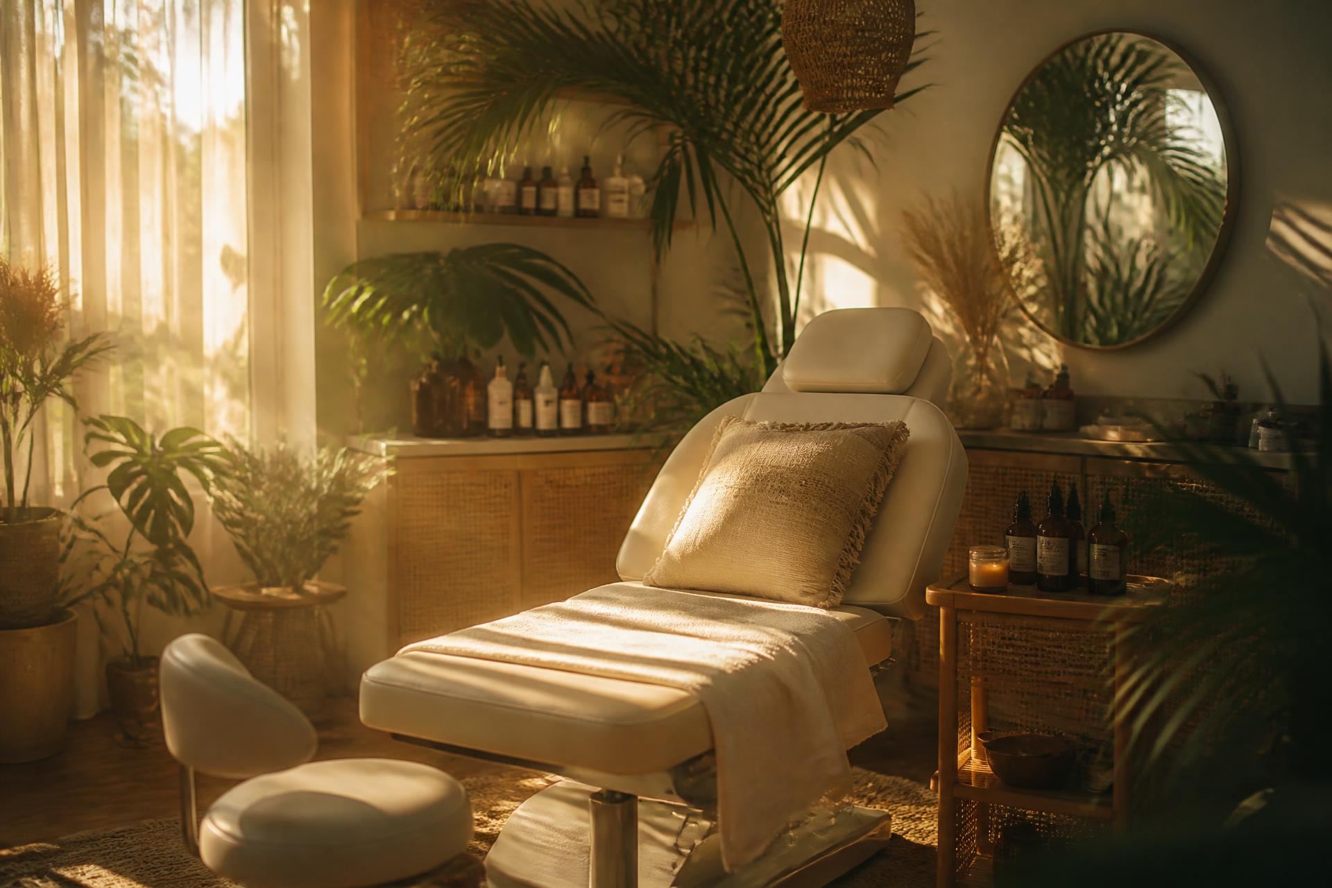 Golden afternoon light filling a calm salon treatment room with plants